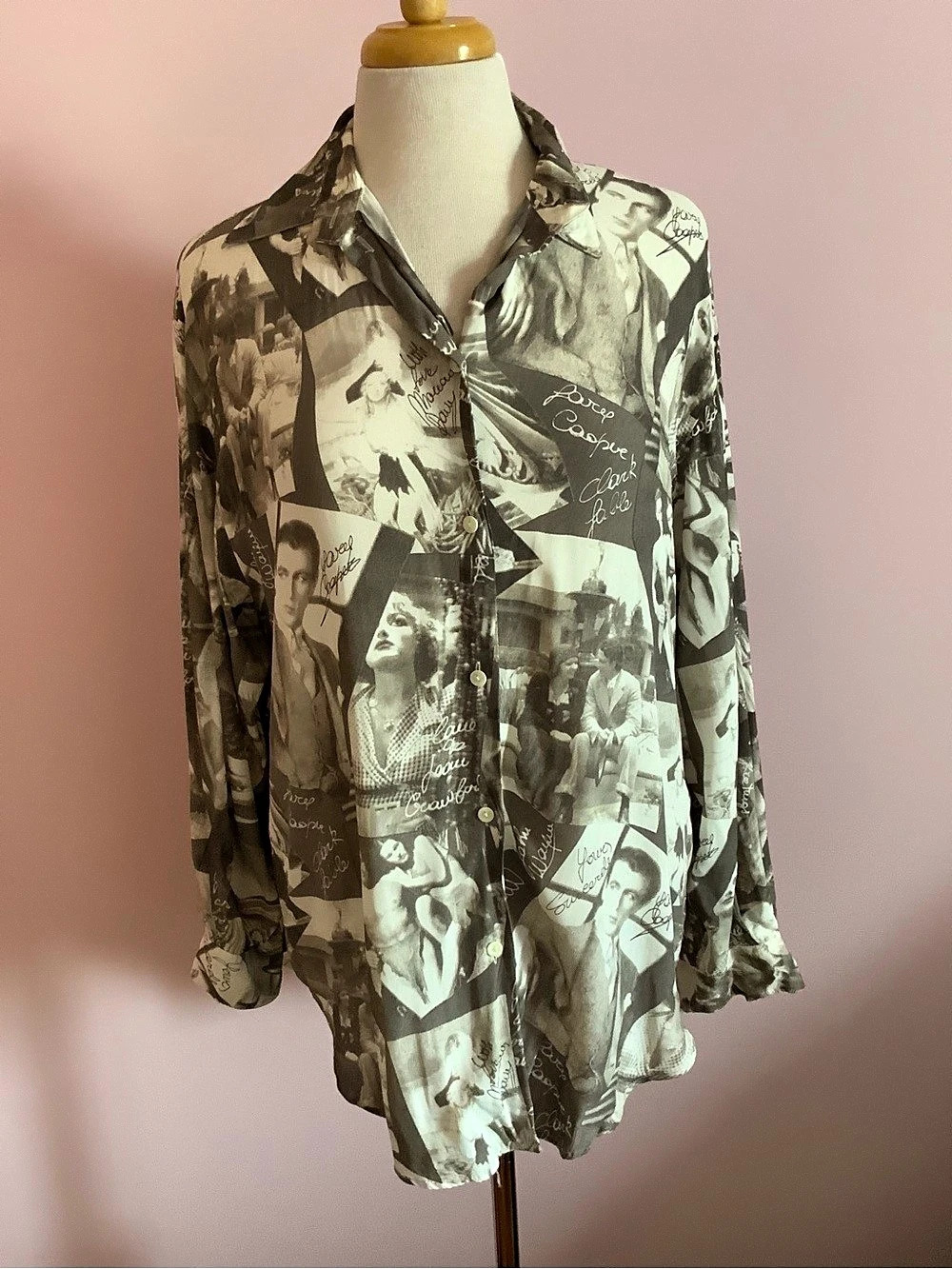 Vintage 80s OMO Studio Movie Stars Print Button Down Rayon Blouse